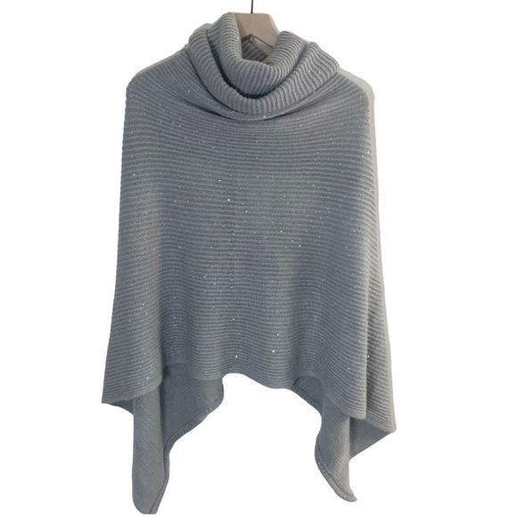 Asymmetrical Cotton Blend Cowl Neck Poncho Womens Gray Hem Ribbed Sequin Grey - Picture 3 of 6